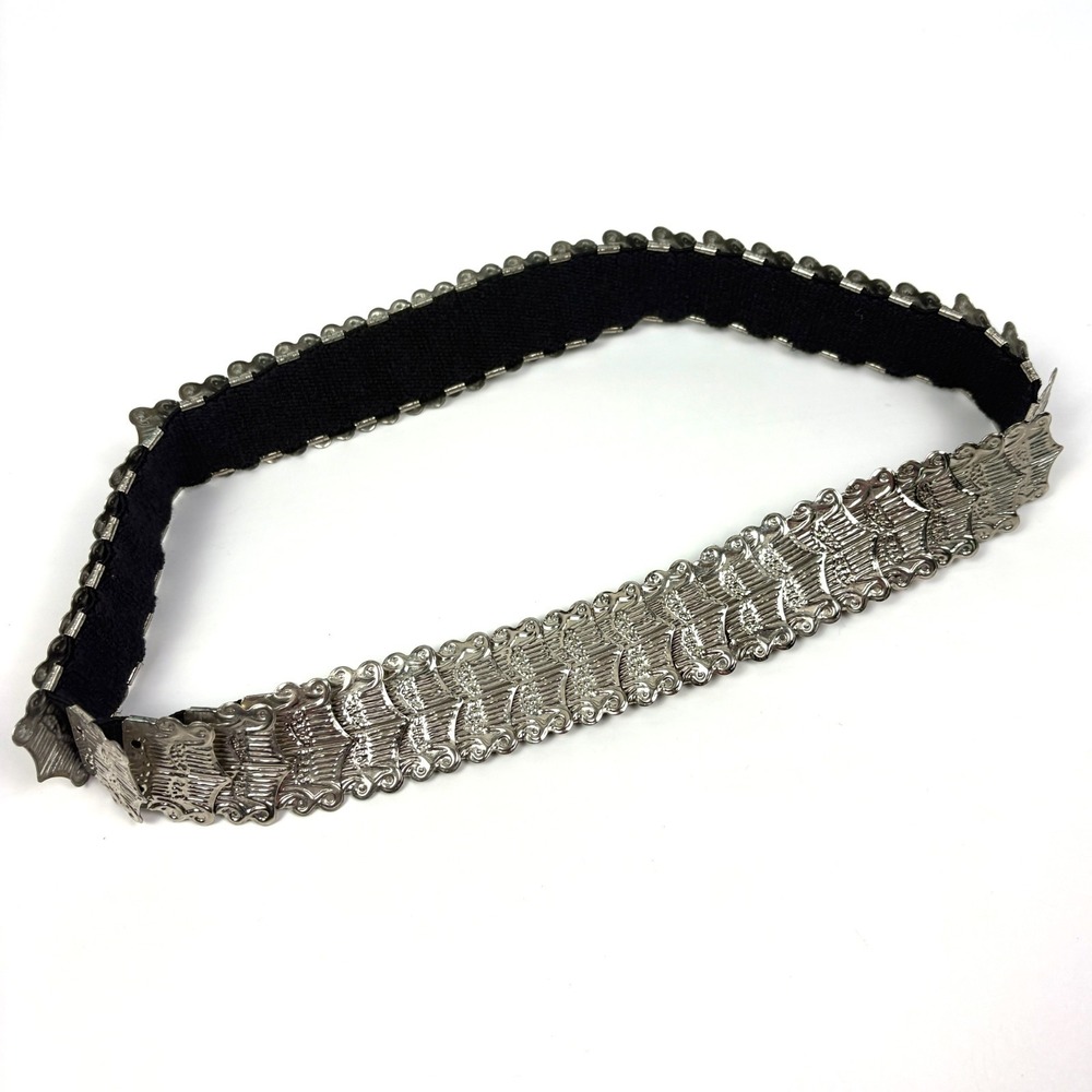 VTG 80s SIlver Tone Waist Cincher Elastic Belt Overlapping Art Decco Metal SEE